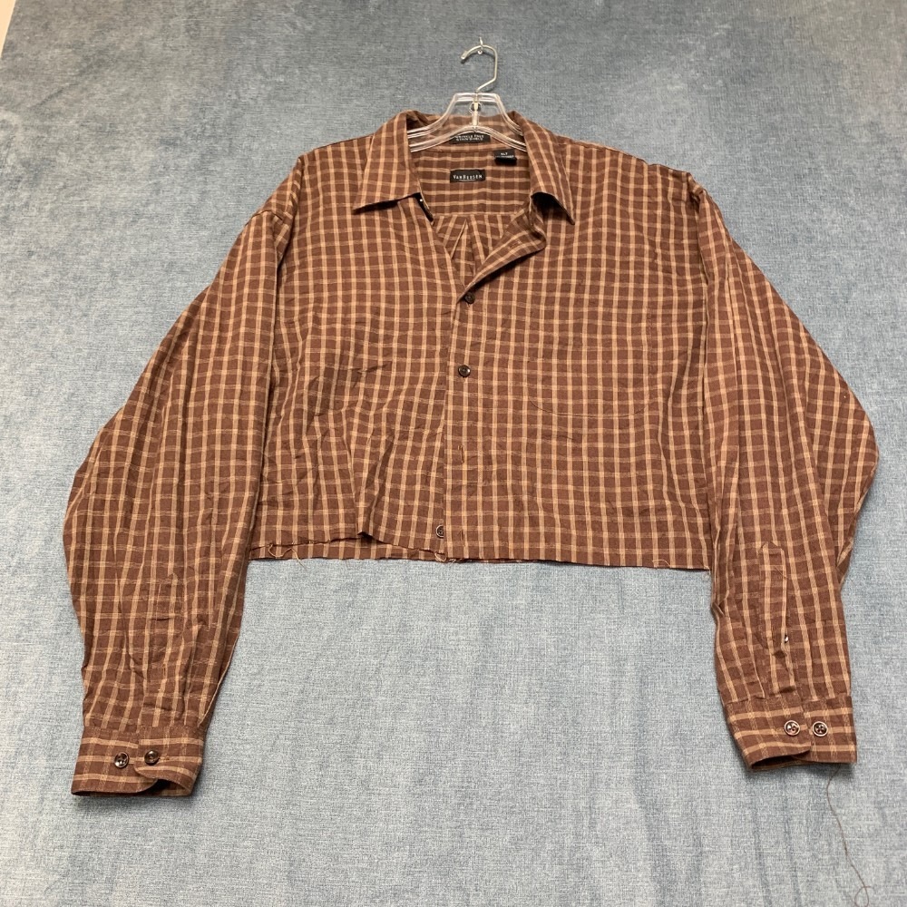 Van Heusen Cropped Shirt Womens XLT Dark Brown Plaid Wrinkle Free Stain Shield
